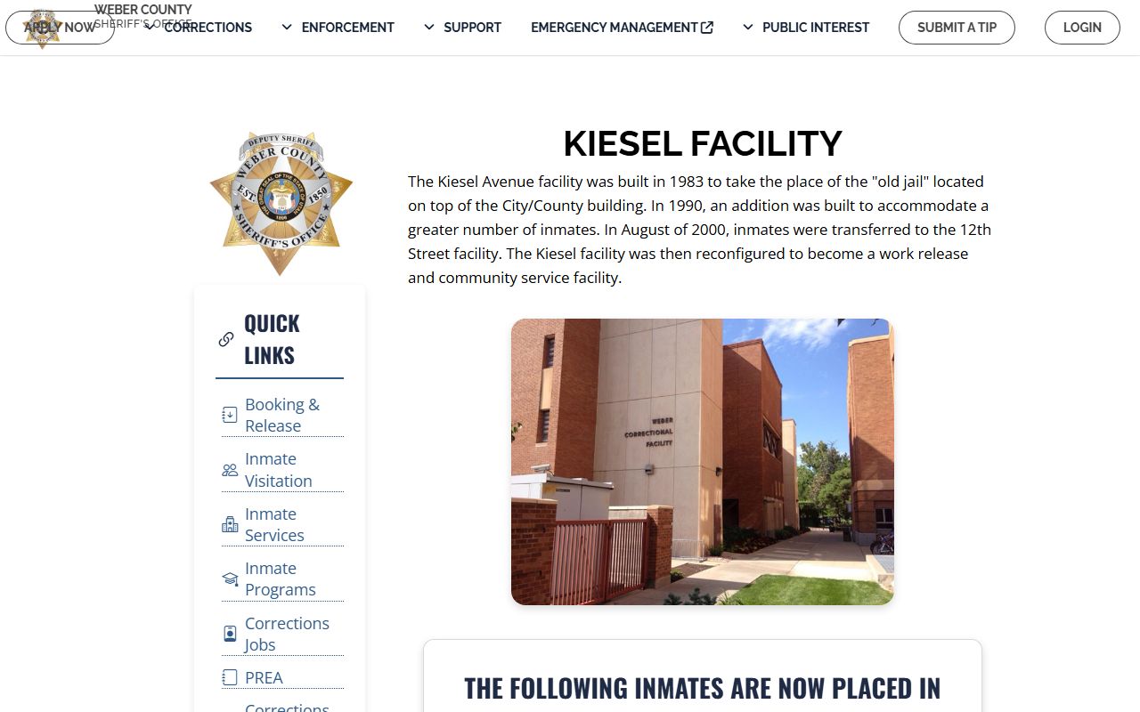Weber County Kiesel Facility work release and community service information page