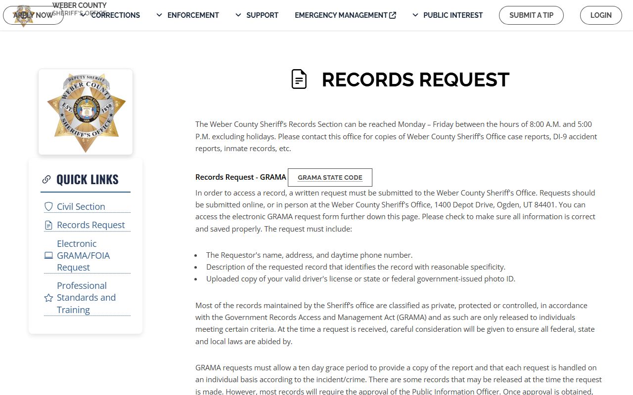 Weber County sheriff records GRAMA request page for booking photos