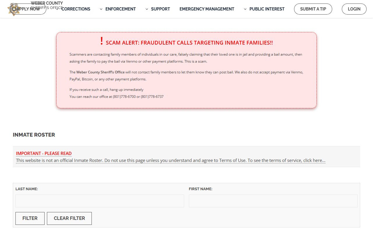 Weber County inmate population jail roster search form